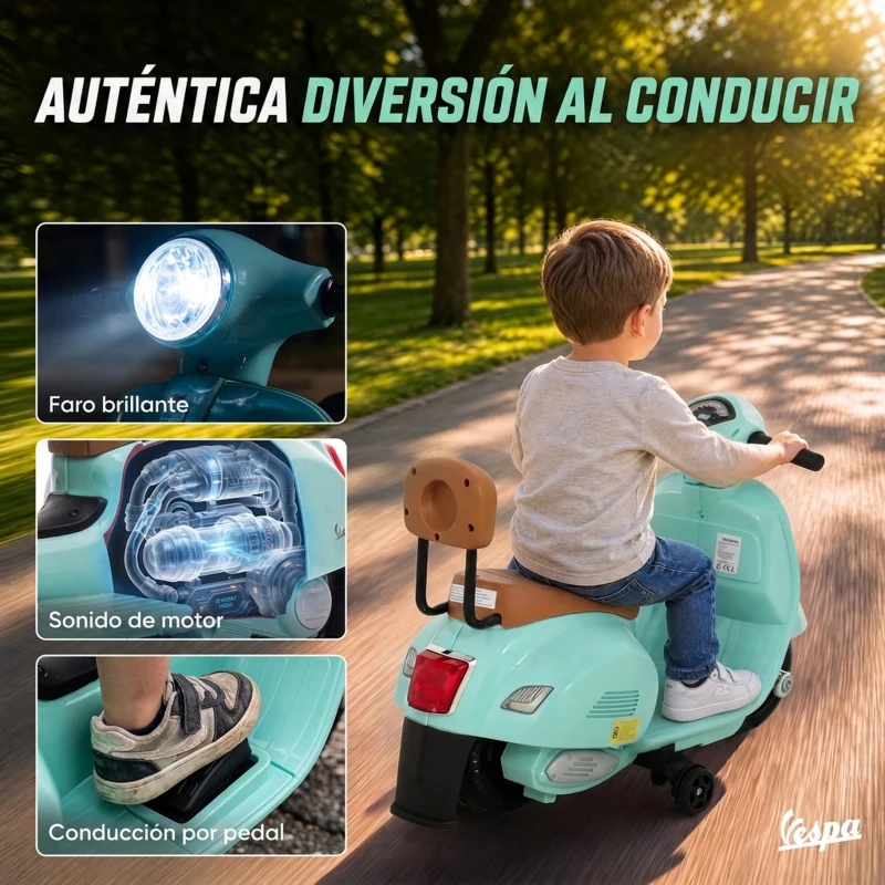 AIYAPLAY Moto Eléctrica para Niños Licencia Mini Vespa GTS 2 Ruedas Auxiliares Batería de Litio Faro Bocina Respaldo Verde