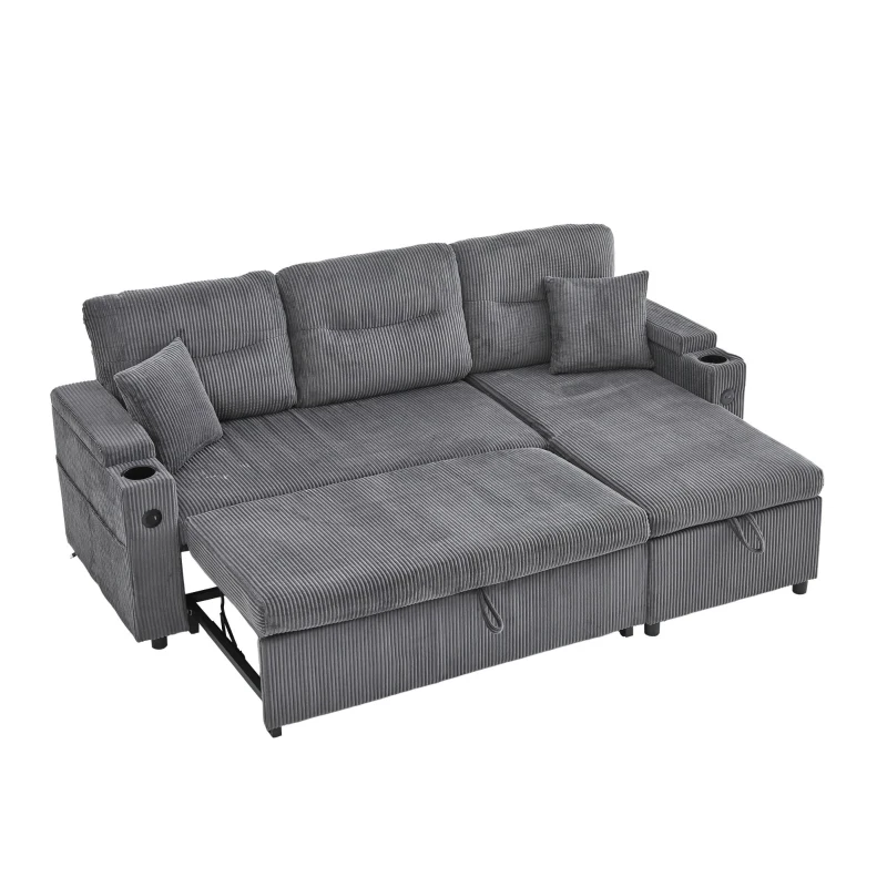 Modernes Cordsofa für drei Personen, mit Stauraum, Getränkehalter und USB-C-Anschluss, 212,5L x 136B x 86H cm, Carbongrau