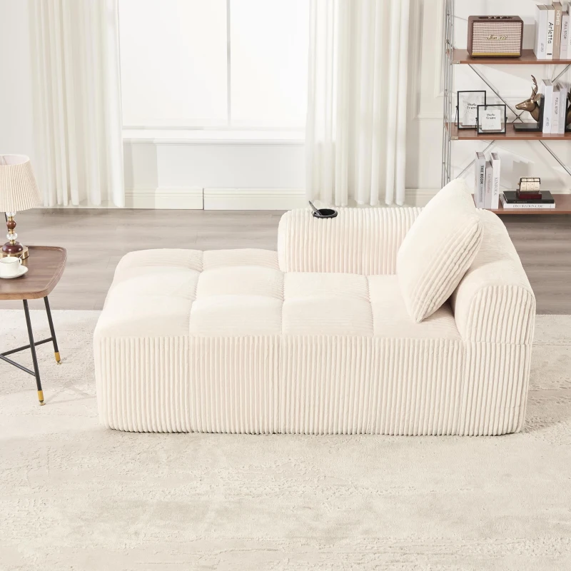 Bequemes Cordsofa mit Rückenlehne, seitlichen Aufbewahrungstaschen für Fernbedienung und Handy, eingebauter Getränkehalter, 158X93X61 cm, Beige