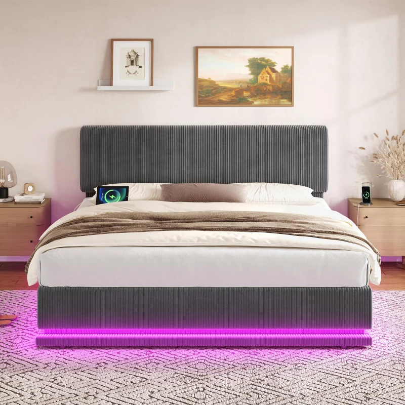 Modernes, gepolstertes Bett misst 180 x 200 cm, ausgestattet mit LED-Lichtern und USB-C-Lade, verstellbarer Kopfteilhöhe, stabilem gestreiftem Bettrahmen, 181L x 207B x 102/107/112H cm, Dunkelgrau