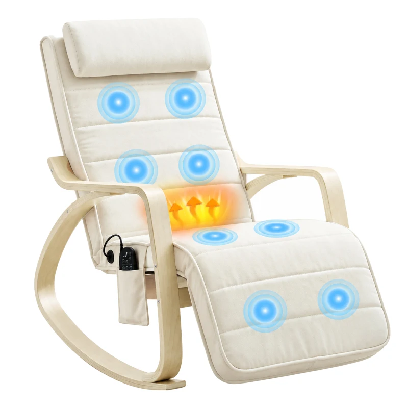 HOMCOM Schaukelstuhl mit Massage, Heizung, Kopfstütze & Fußstütze, Samtbezug, Relaxsessel, Cremeweiß