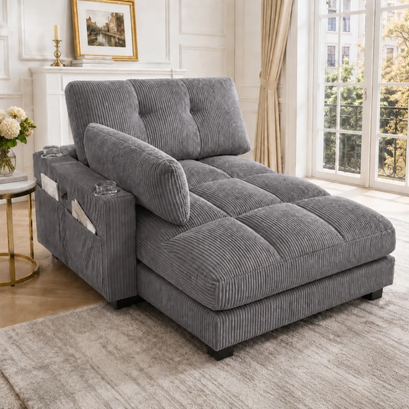 Palm-Sessel mit austauschbaren linken und rechten Armlehnen, drei Becherhaltern und einer Seitentasche, USB-Anschlüssen an den Seitenlehnen, 140L x 112B x 81H, Grau