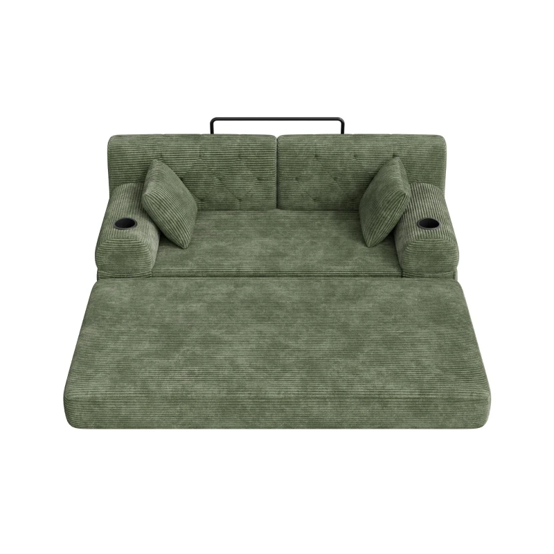 Doppeltes komprimiertes Cordsofa, Metallrahmen, 2 Becherhalter und 4 Seitentaschen, 168L x 80B x 81H cm,Grün