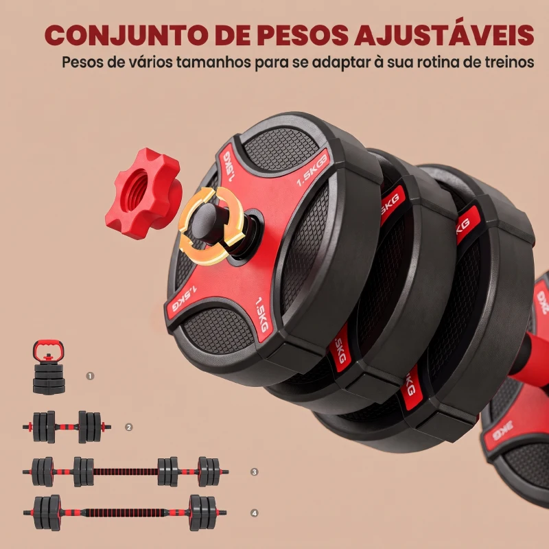 SPORTNOW Conjunto de Halteres Ajustáveis 25 kg 5 em 1 com Peso Russo, Barra, Halteres e Apoios para Flexões para Ginásio em Casa