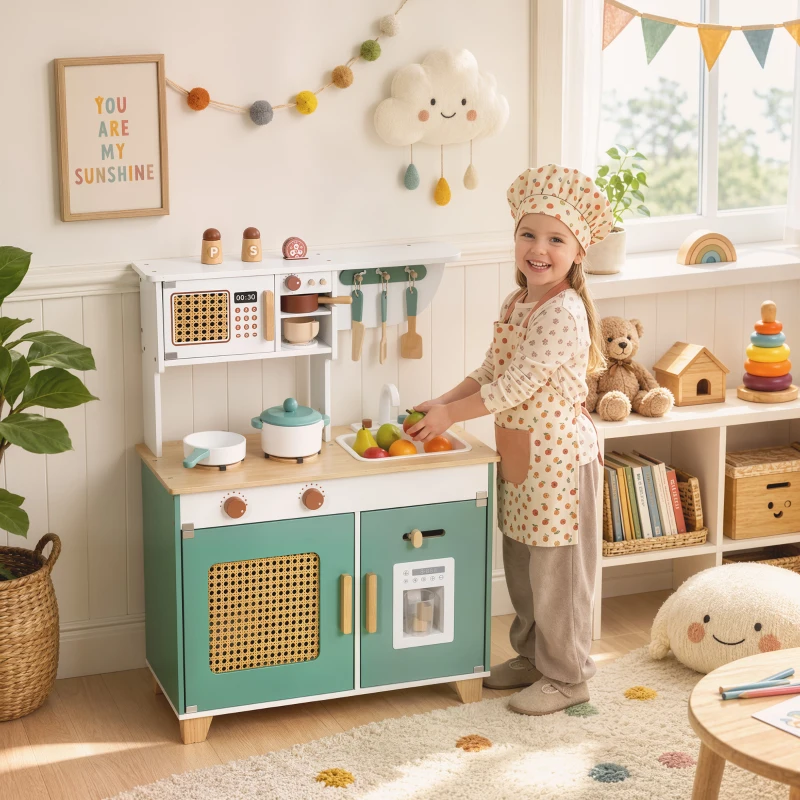 AIYAPLAY Cuisine Enfant en Bois 19 Accessoires, Cafetière, Machine à Glaçons, Micro-Ondes, Placard, 3-6 Ans, 61x27x79,7cm, Vert