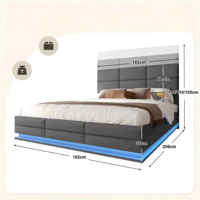 Das samtgepolsterte Bett misst 180 x 200 cm, verfügt über verstellbare Kopfteilhöhe, LED-Beleuchtung und XXL-Stauraum. Es ist ohne Matratze erhältlich, mit den Gesamtmaßen 182 cm x 206 cm x (105-110-115 cm), Dunkelgrau