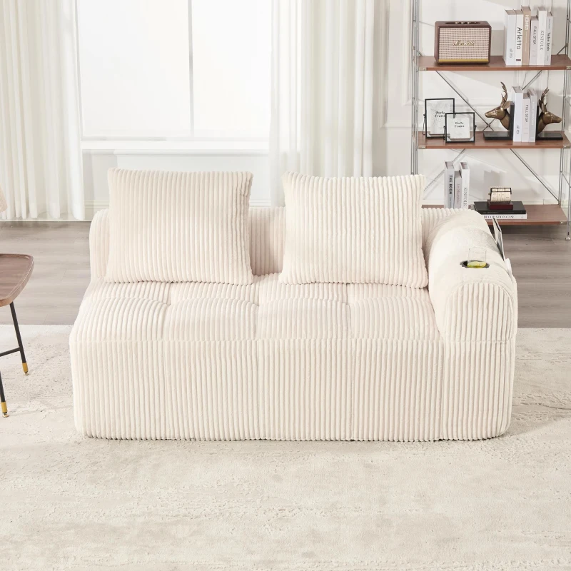 Bequemes Cordsofa mit zwei Sitzern, seitliche Aufbewahrungstasche für Fernbedienung und Handy, eingebauter Getränkehalter, 158X93X61 cm, Beige