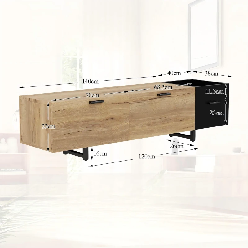 Moderner TV-Schrank, offene Fächer, große Schubladen und geschlossener Stauraum, 180L x 38B x 33H cm, Schwarz