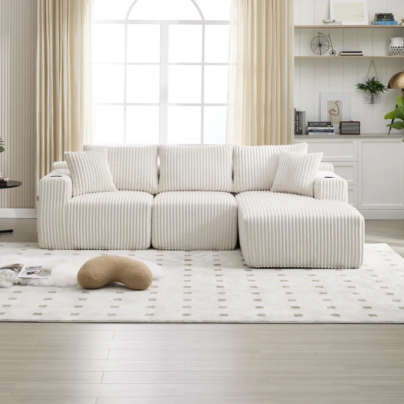 Modulares Sofaset mit Liegestühlen und Doppelbetten, 5 Kissen und 2 Getränkehaltern， 257×160×62 cm, Beige