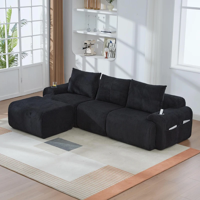 Modulares Cordsofa für drei Personen (inklusive Fußschemel), frei kombinierbar, ausgestattet mit Getränkehaltern und seitlichen Aufbewahrungstaschen, 268L x 174B x 80H cm, Schwarz