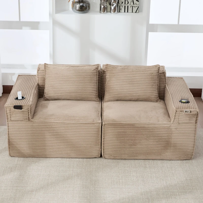 Modulares Doppelsitz-Cordsofa mit Becherhaltern und Seitentaschen, Federkern und hochdichtem Schaumstoff, 188L x 90B x 75H cm, Khaki