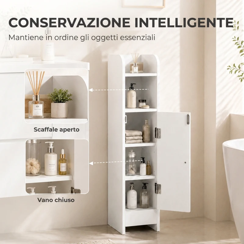 HOMCOM Mobile Bagno Slim Salvaspazio con Armadietto e Ripiano, 18x20x80 cm, Bianco