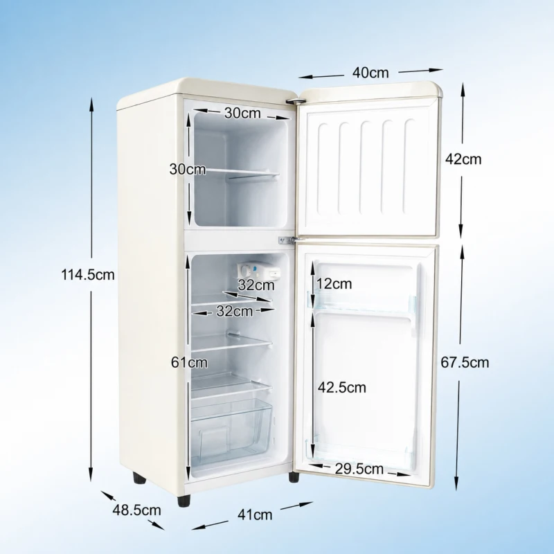 112L Doppeltür-Kühlschrank, 72L Kühlfach + 40L Gefrierfach, 7-stufiger Temperaturregler, 41L x 48,5 B x 114,5 H cm, Cremefarben