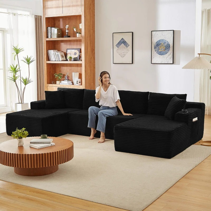 Modulares U-förmiges rahmenloses Cordsofa，mit tiefem Sitzdesign, geeignet für Wohnzimmer, 339L x 168B x 64H cm, Schwarz