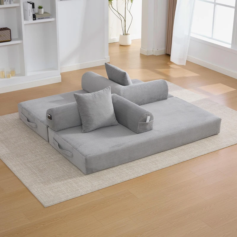 Faltbares Kompressionssofa mit stabilem Metallrahmen, Seitentaschen plus 3 Kissen, 200L x 94B x 67H cm,Hellgrau