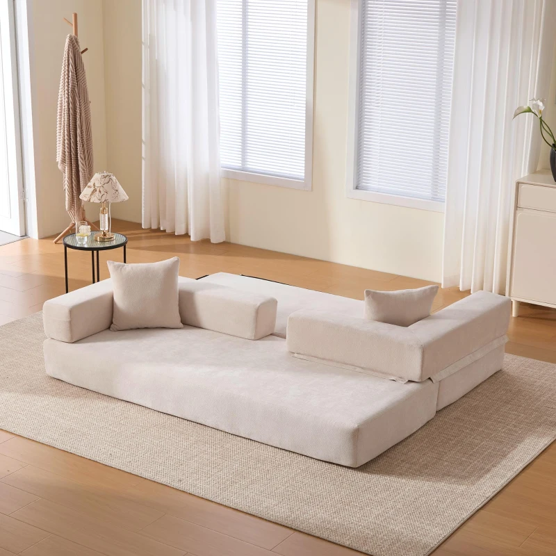 Modulares Chenille-Block-Sofa, frei kombinierbar, mit Seitentaschen zur Verstauung und rutschfestem Fahrgestell, Maße 198L x 79B x 60H cm, Beige
