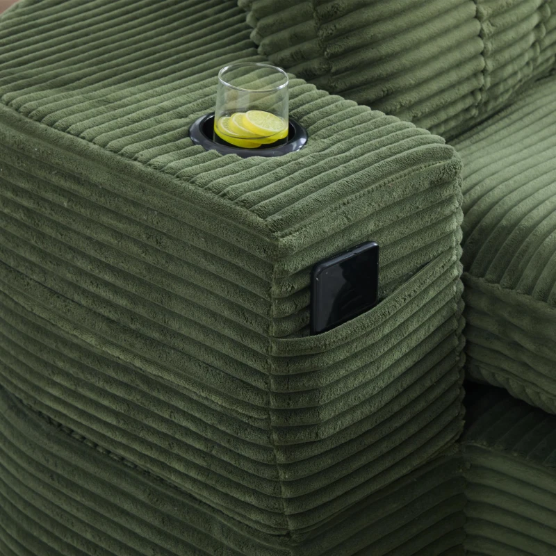 2-in-1 Cordsofa mit verstellbarer Funktion, 2 Getränkehaltern, hohe Rückenlehne und extra tiefe Sitzfläche, 165L x 97B x 61H cm, Smaragdgrün