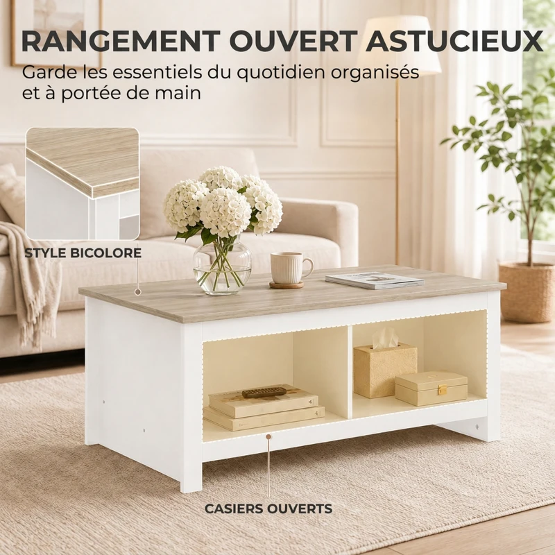 HOMCOM Table Basse Rectangulaire, Table de Salon Moderne avec 4 Compartiments Ouverts, 110 x 55 x 45,5 cm, Chêne et Blanc