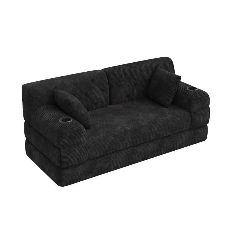 Doppeltes komprimiertes Cordsofa, Metallrahmen, 2 Becherhalter und 4 Seitentaschen, 168L x 80B x 81H cm, Schwarz