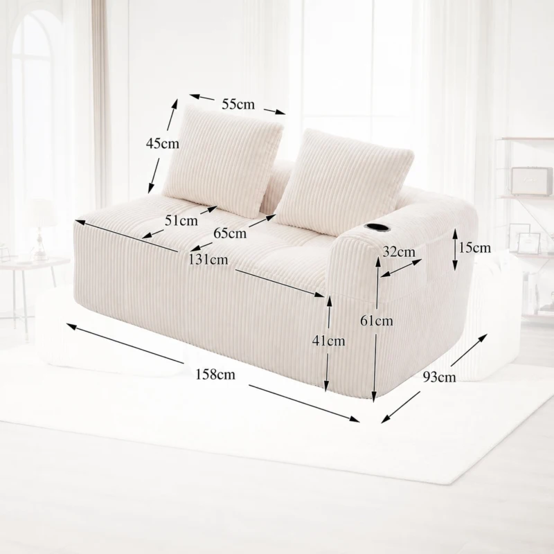 Bequemes Cordsofa mit zwei Sitzern, seitliche Aufbewahrungstasche für Fernbedienung und Handy, eingebauter Getränkehalter, 158X93X61 cm, Beige