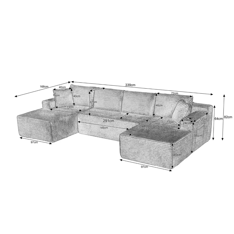 Modulares U-förmiges rahmenloses Cordsofa，mit tiefem Sitzdesign, geeignet für Wohnzimmer, 339L x 168B x 64H cm, Schwarz