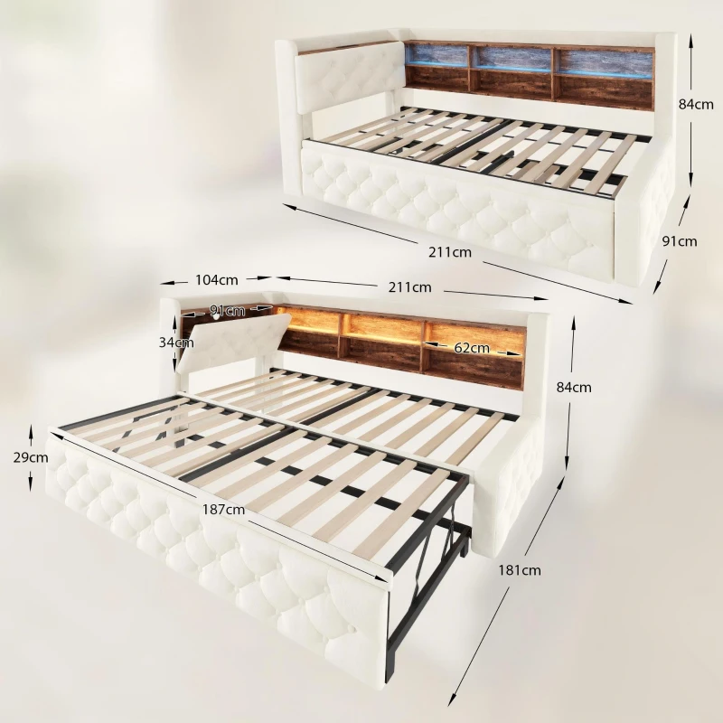 Bettgestell einziehbares Samtsofa 90x190 cm, mit Stauraum, LED-Licht, USB und Typ-C, 211 × ( 91~181) × 84 cm,Beige