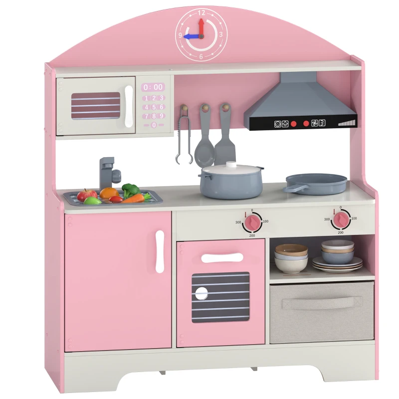 AIYAPLAY Cuisine Enfant avec Lumières et Sons, Cuisine de Jeu avec Tiroir en Tissu et 5 Accessoires, pour Enfants 3-6 Ans, Rose