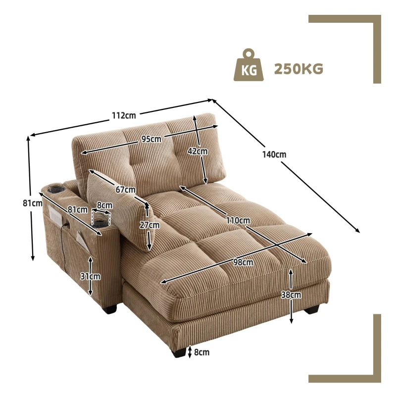 Palm-Sessel mit austauschbaren linken und rechten Armlehnen, drei Becherhaltern und einer Seitentasche, USB-Anschlüssen an den Seitenlehnen, 140L x 112B x 81H, Khaki