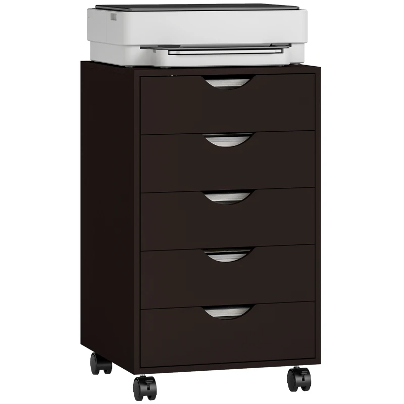 HOMCOM Meuble de bureau sur roulettes 5 tiroirs - Meuble de rangement mobile pour bureau salon 40x40x67 cm Marron