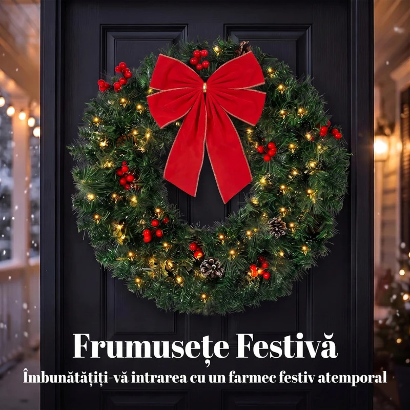 HOMCOM Coroniță de Crăciun de 60 cm cu Lumini LED, Conuri de Brad și Bobițe, Verde