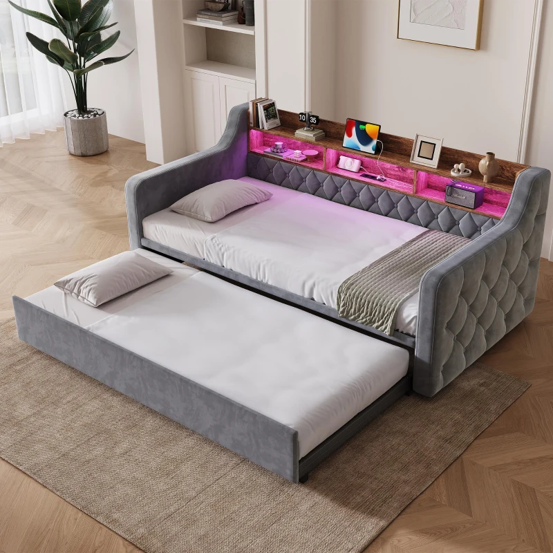 Samtsofa mit Armlehnen 90x190 cm, mit ausziehbarem Bett, Holz-Kopfteil-Stauraum, 201L x 107-197.5B x 80H cm, Dunkelgrau