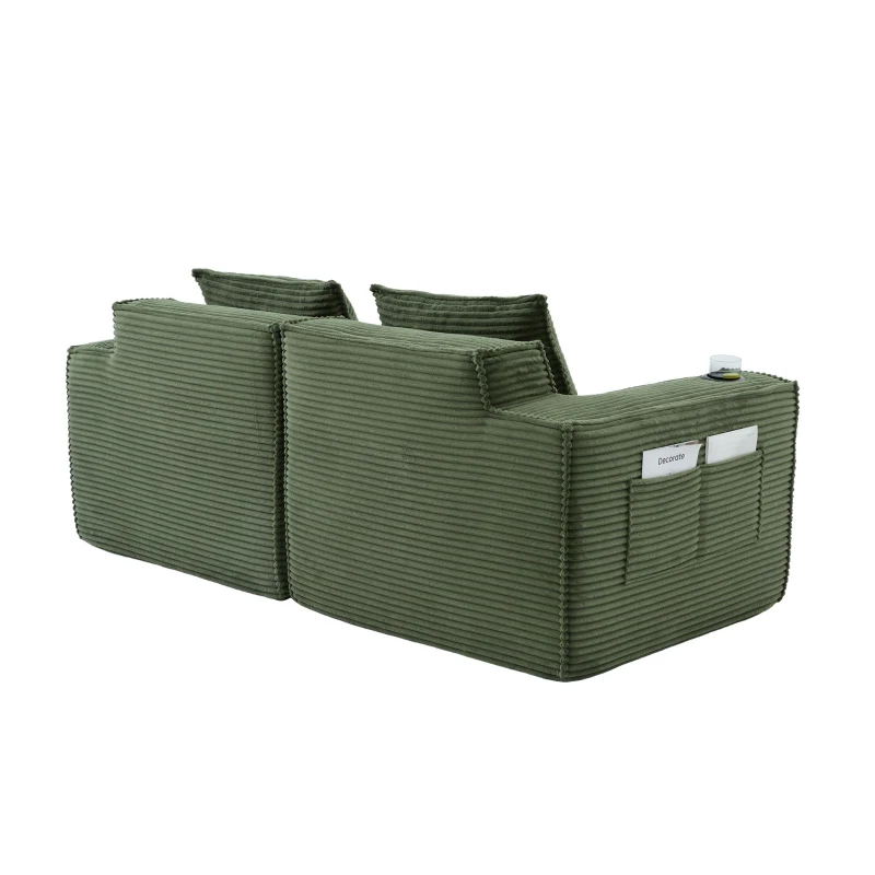 Modulares Doppelsitz-Cordsofa mit Becherhaltern und Seitentaschen, Federkern und hochdichtem Schaumstoff, 188L x 90B x 75H cm, Grün