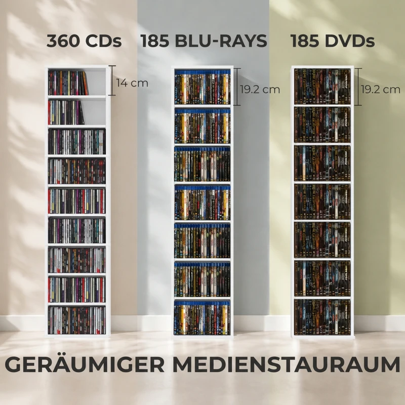 HOMCOM CD-/DVD-Regal, 9 Ebenen, schmales Standregal mit 6 verstellbaren Böden, für 260 CDs, Weiß