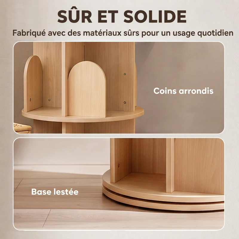 AIYAPLAY Bibliothèque Enfant Rotative 3 Niveaux, Meuble de Rangement Enfant en Bois pour Chambre, Salle de Jeu, Bois Naturel