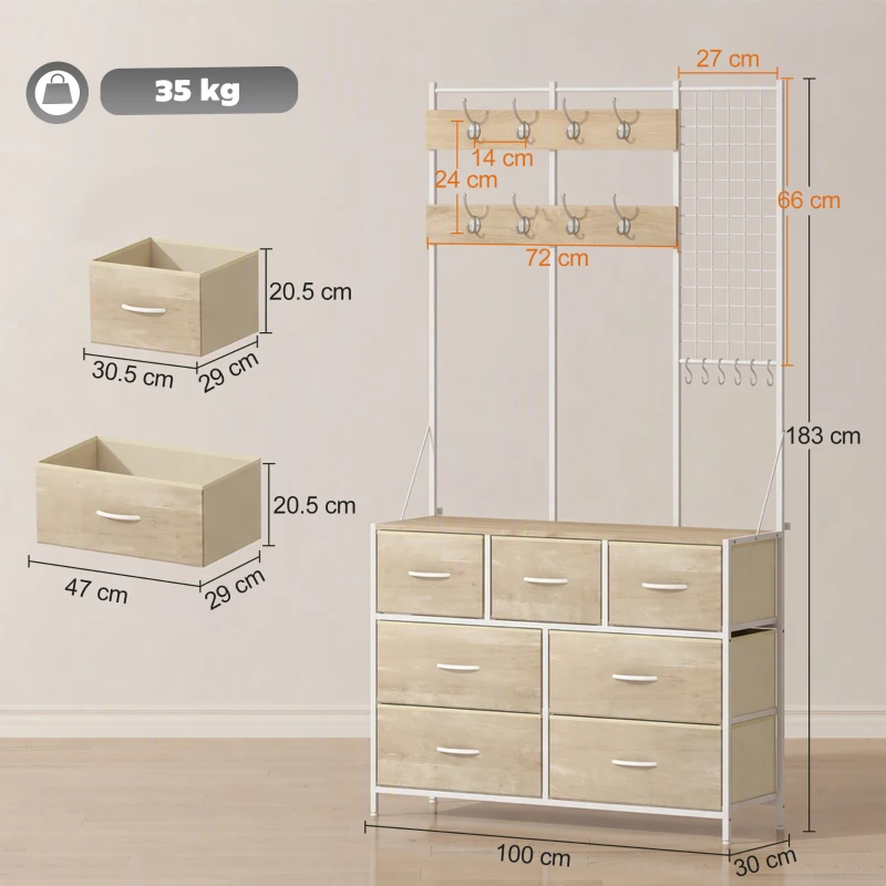 HOMCOM Cuier 4-în-1, Mobilier de Intrare cu 7 Sertare Pliabile din Material Textil, 14 Cârlige și Panou Grilaj, Stejar