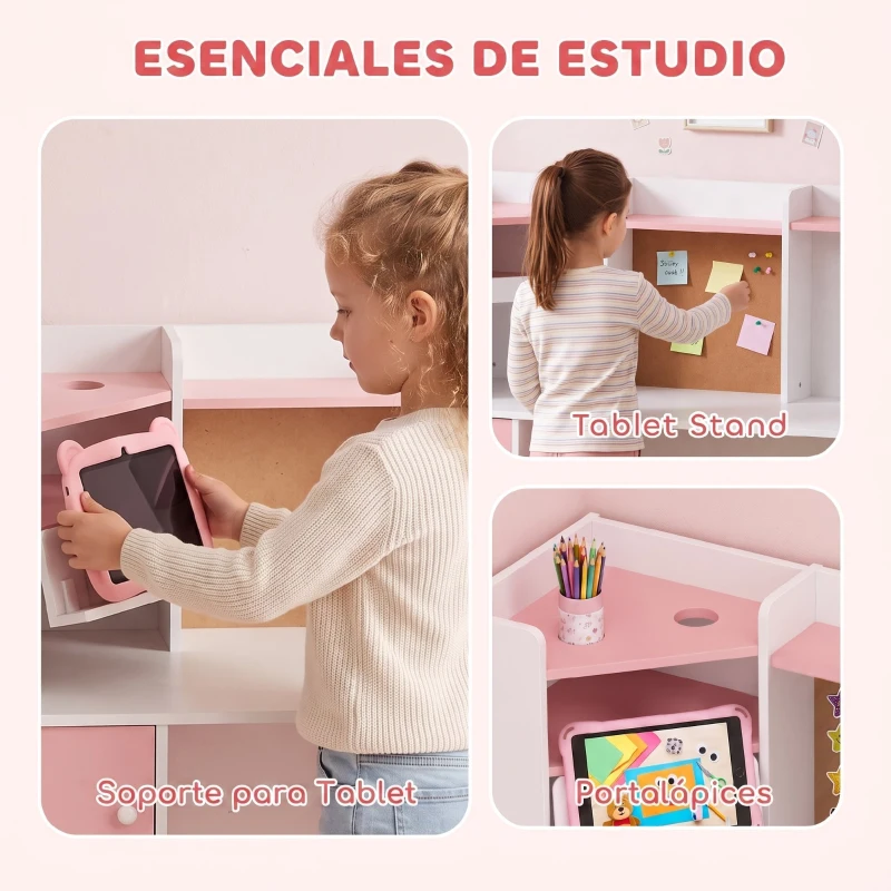 AIYAPLAY Escritorio Infantil con Silla Soporte Ajustable para Tablet Portalápices Tablero de Corcho Estantes Armarios Rosa