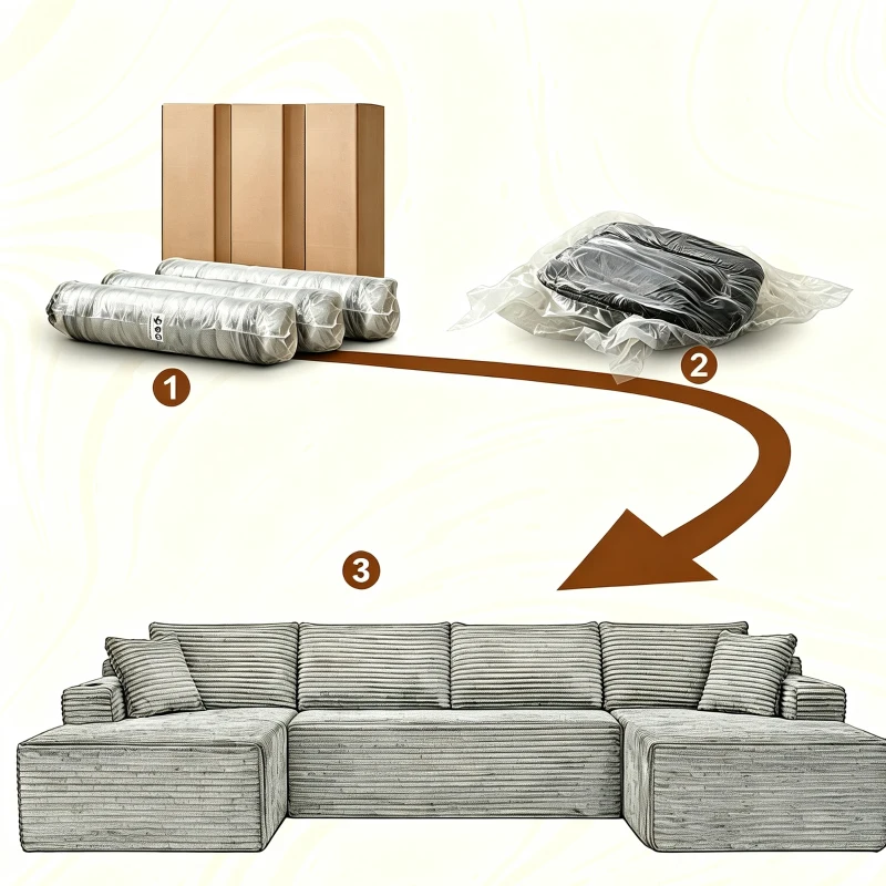 Modulares U-förmiges rahmenloses Cordsofa，mit tiefem Sitzdesign, geeignet für Wohnzimmer, 339L x 168B x 64H cm, Schwarz