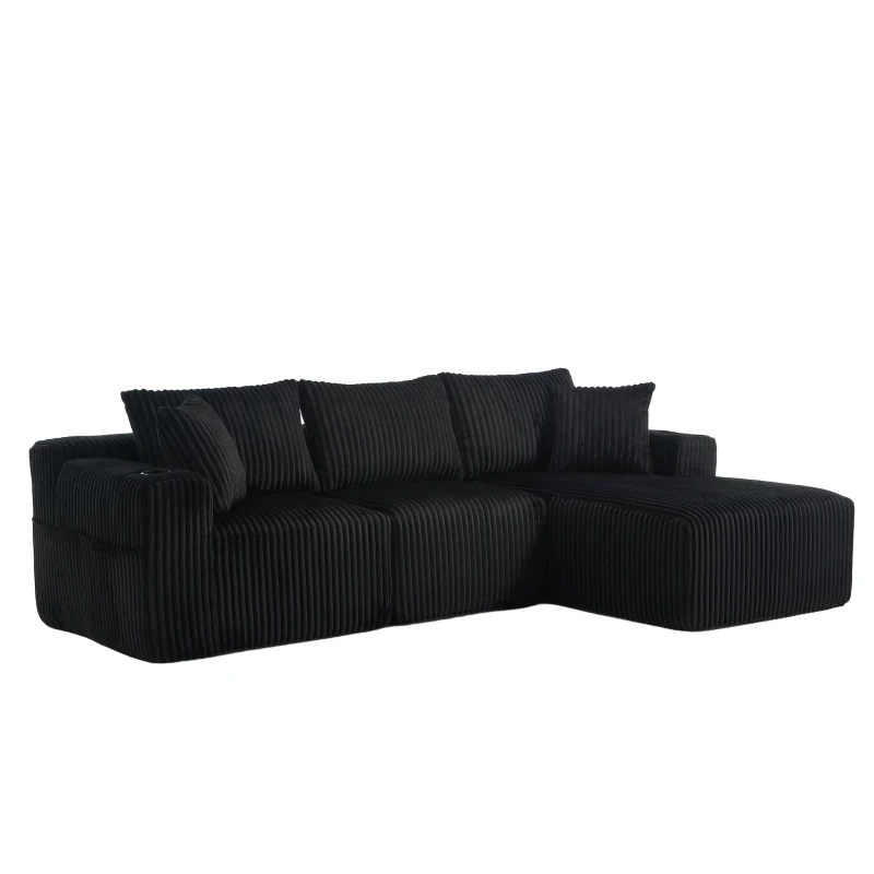 Modulares Sofaset mit Liegestühlen und Doppelbetten, 5 Kissen und 2 Getränkehaltern， 257X160X62 cm, Schwarz
