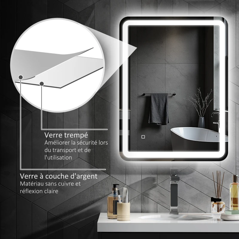 HOMCOM Miroir de salle de bain 60 x 80 cm, miroir LED mural avec 3 couleurs lumière, dimmable, mémoire, anti-buée, argent