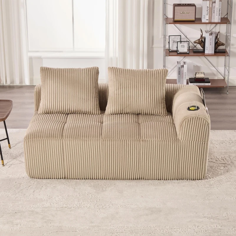 Bequemes Cordsofa mit zwei Sitzern, seitliche Aufbewahrungstasche für Fernbedienung und Handy, eingebauter Getränkehalter, 158X93X61 cm, Khaki
