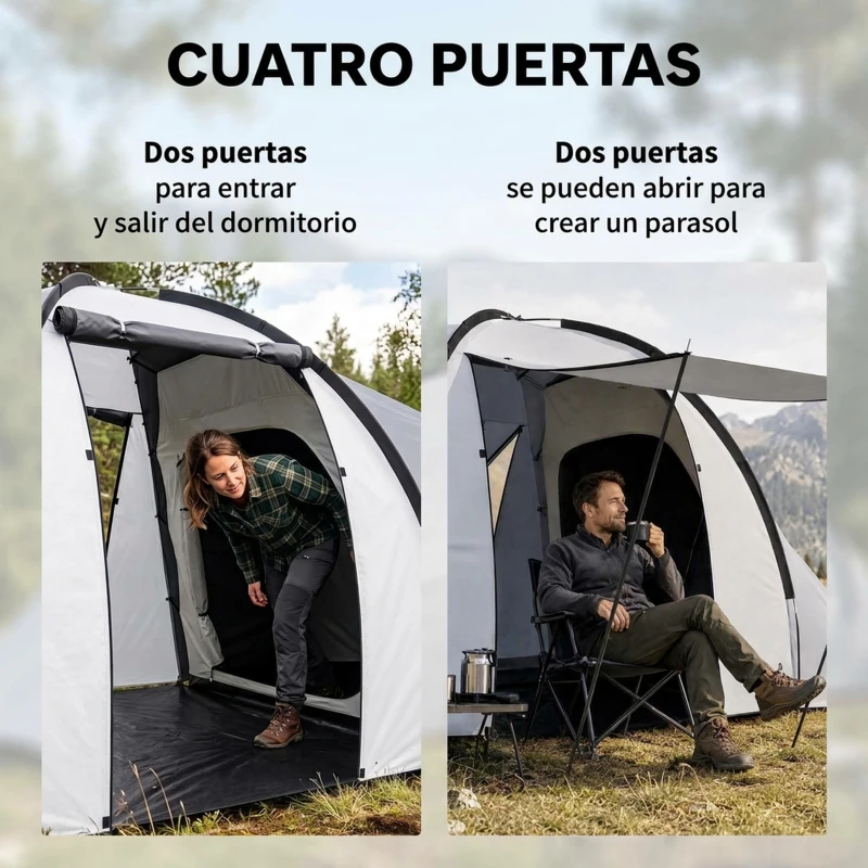 Outsunny Tienda de Campaña Familiar para 4 Personas con 2 Ventanas y Bolsa de Transporte Impermeable Anti-UV 590x245x193cm Gris
