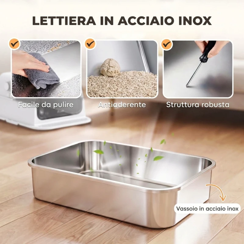 PawHut Lettiera Gatti Chiusa XL 3 in 1 90L in Acciaio Inox con Coperchio Rimovibile, Paletta, Bianco