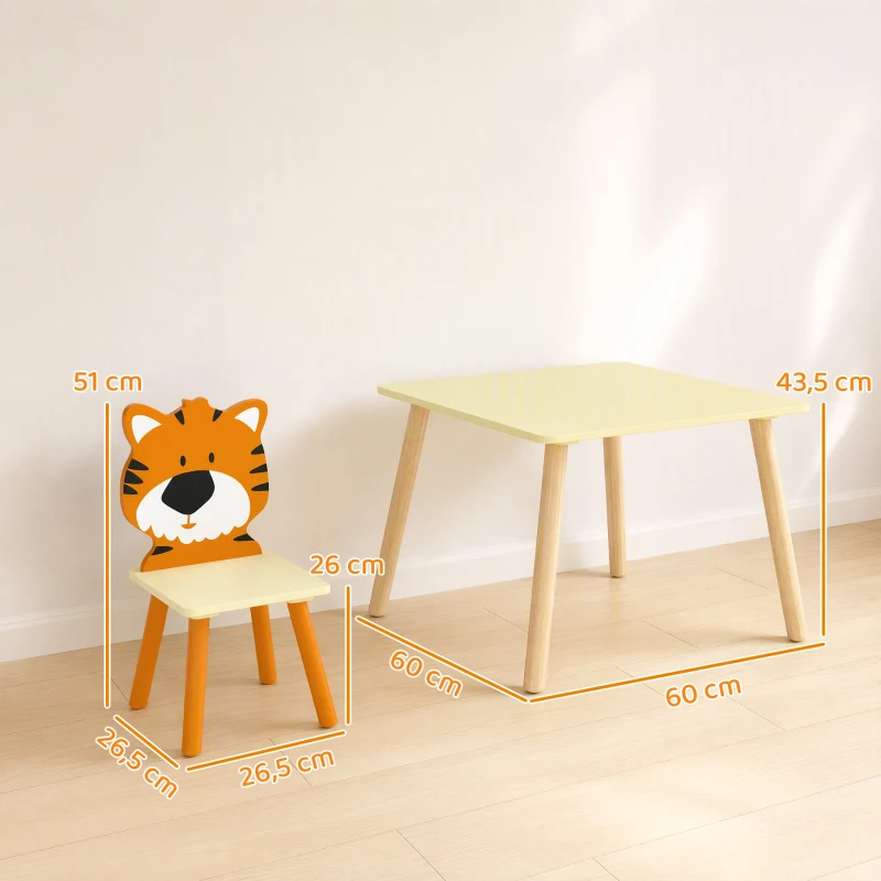 AIYAPLAY Ensembl Table pour Enfant avec 4 Chaises 5 Pièces en Bois, Dossier en Forme Animale, Coins Arrondis, 3-8 Ans, Jaune