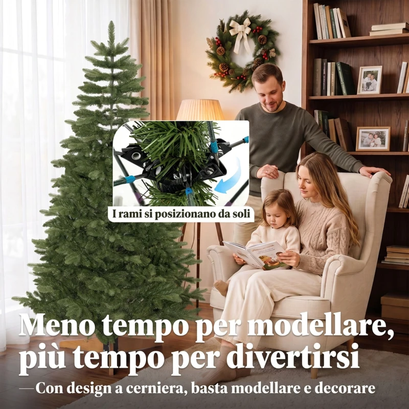 HOMCOM Albero di Natale Artificiale con 1161 Rami 210 cm, Base Pieghevole in Legno e Metallo, Verde