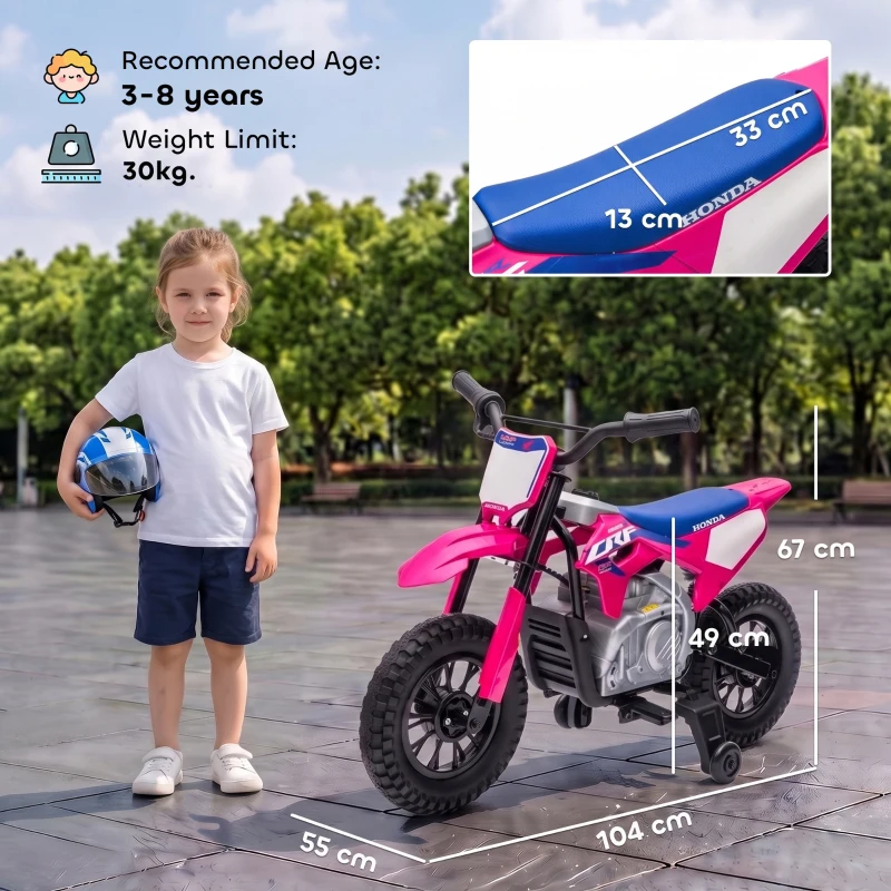 AIYAPLAY Moto Elettrica per Bambini 3+ Anni Licenza Honda CRF 450R, 12V Batteria al Litio, con Sospensioni, Rosa