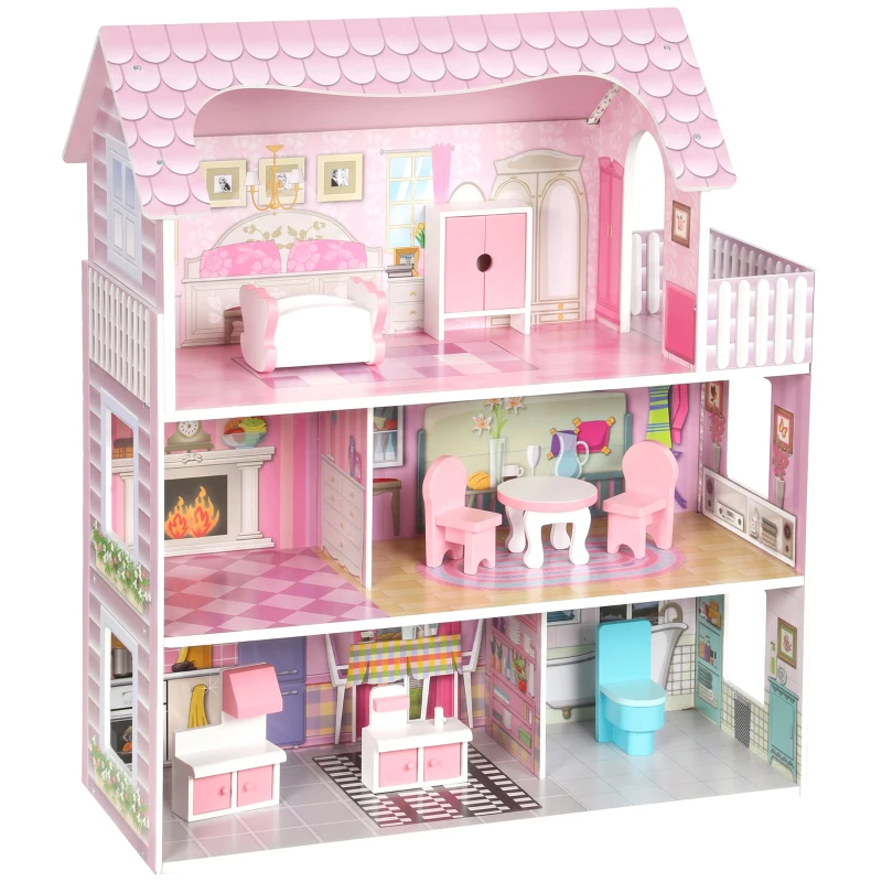 AIYAPLAY Casa de Bonecas em Madeira de 3 Andares com Luzes LED, Varanda e 8 Móveis, Rosa, 3-6 Anos