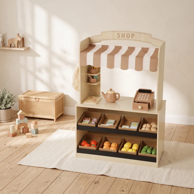 AIYAPLAY Marchande Enfants en Bois, Caisse Enregistreuse, Aliments Factices, Tableau à Craie et 61 Accessoires, pour 3 à 8 Ans