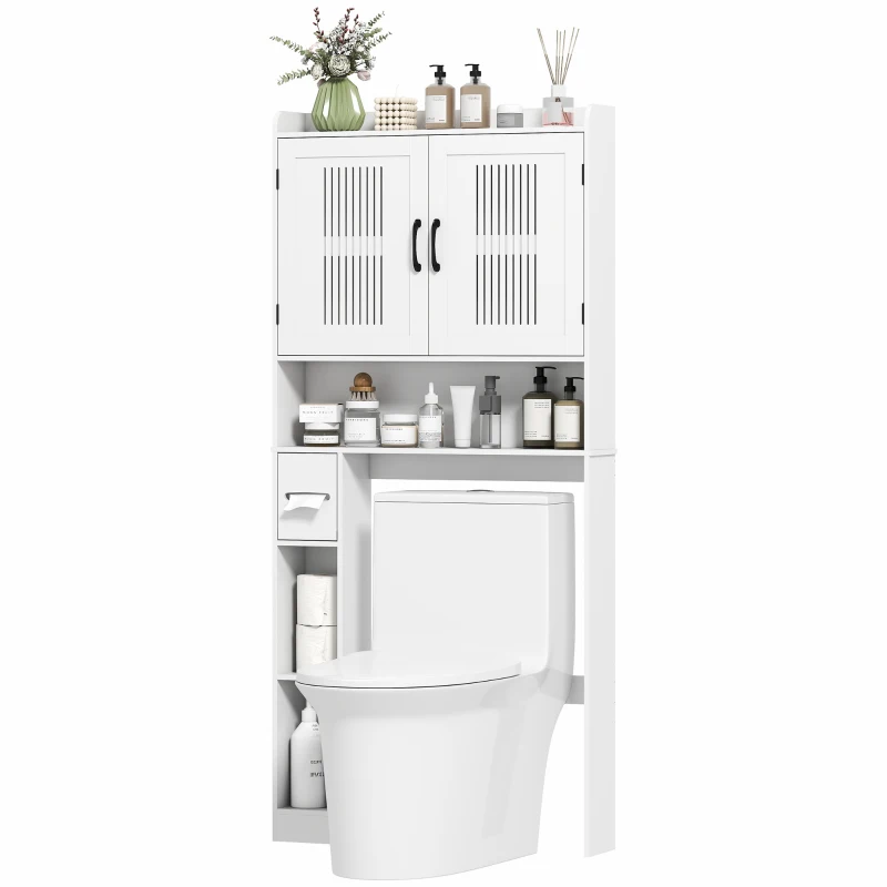 HOMCOM Mobile Sopra WC con Armadietto a 2 Ante Ventilate e Ripiani Aperti, Barra Inferiore, 80x19.5x170 cm, Bianco