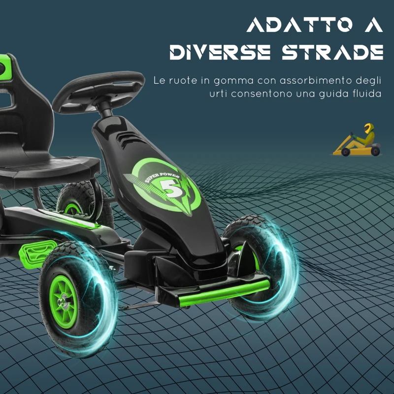 HOMCOM Go Kart a Pedali per Bambini 5-12 Anni con Sedile Regolabile, in Metallo e PP 117x58x61 cm, Verde e Nero