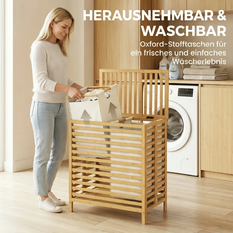 HOMCOM Bambus-Wäschekorb mit Deckel, 2 Körbe, faltbar, 64L, Natur und Cremeweiß